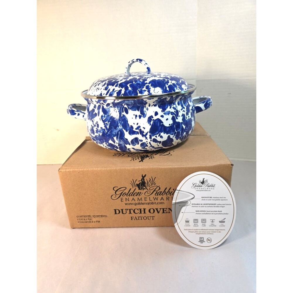 New Golden Rabbit Blue & White Cobalt Swirl Enamelware Dutch Oven 2.5 Quart